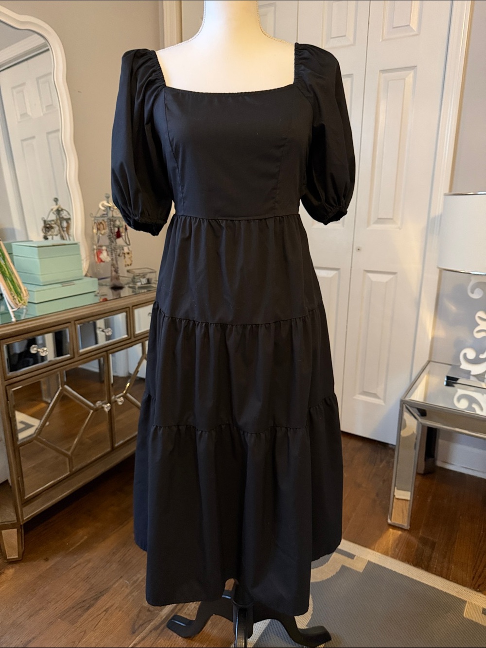 Just Found Blk Square-Neck Tiered Midi Dress Puff Sleeves & Double Bow Back L ❤️
